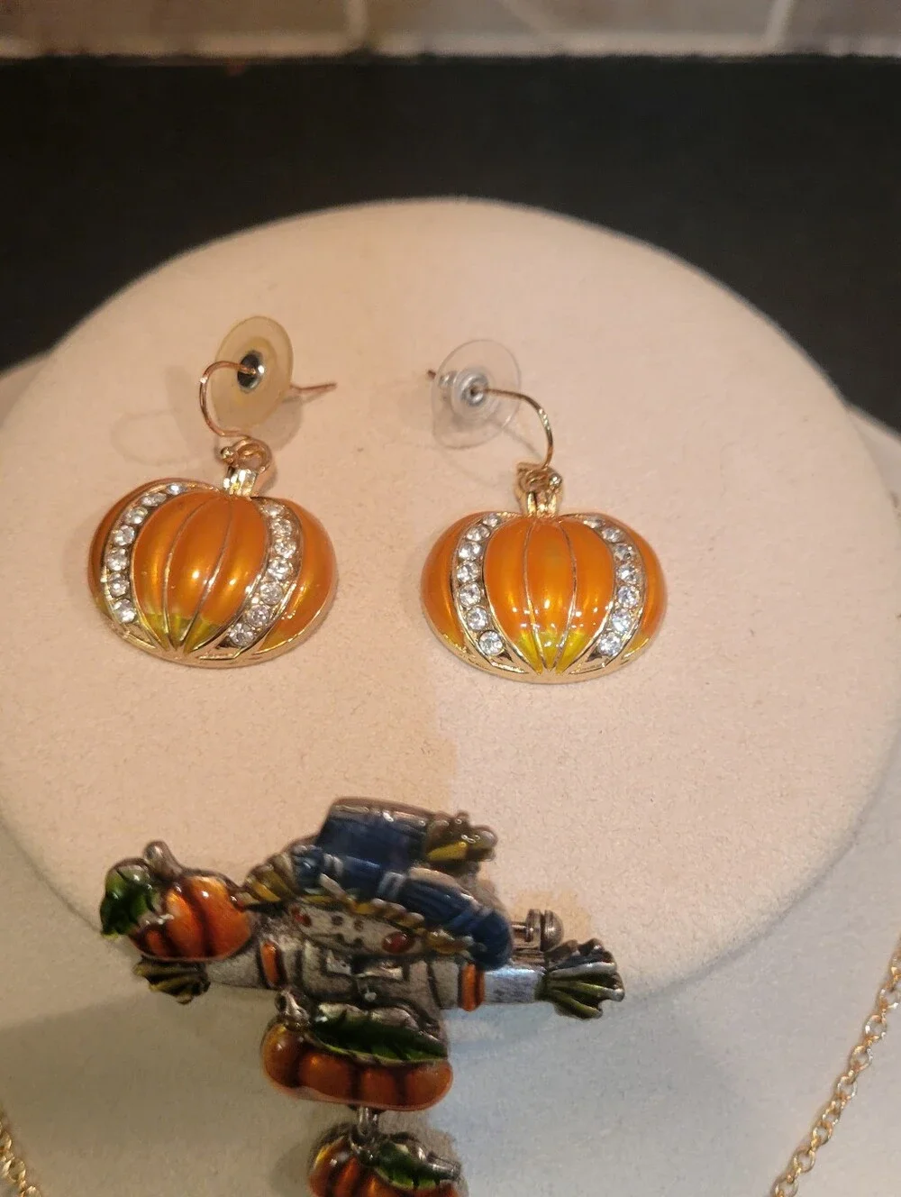 Halloween Pumpkin Pendant Necklace, Brooch and Earrings Set Vintage Retro